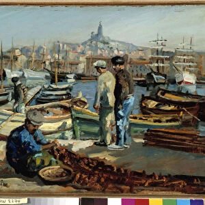 Pecheurs sur le quai du port de Marseille Painting by Marcel Leprin (1891-1933) Mandatory mention: Collection fondation regards de Provence, Marseille