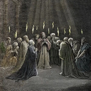 Pentecost, descent of the Holy Spirit upon the Apostles and other followers of Jesus Christ Engraving by Gustave Dore (1832-1883) from " La Bible" Private collection