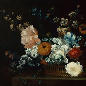 Peonies, Chrysanthemums and other flowers in a basket (oil on canvas)