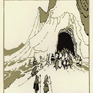 The people set out to find the giants, soon they came to their cave (colour litho)