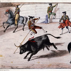 Perch jump, bullfighting in Spain, Spanish lithography, sd. 19th century
