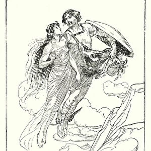 Perseus: "Perseus lifted his fair Andromeda in his arms and fled with her to the cliff top"(litho)