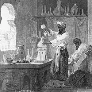 Persian alchemist Rhazes in his laboratory (engraving)