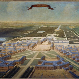 Perspective view of the stables of the castle and the gardens of Versailles at the end of