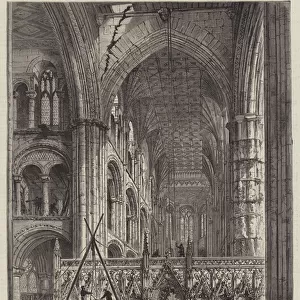 Peterborough Cathedral, Preparations for pulling down the Central Tower (engraving)