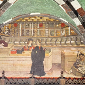 The Pharmacy, Anonymous painting, Val d Aosta, Castello di Issogne, 15th century (fresco)