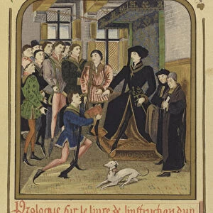 Philip the Good, Duke of Burgundy, seated on a dais receiving a book, 15th Century (colour litho)