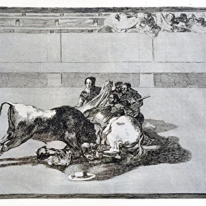 A picador is unhorsed and falls under the bull, plate 26 of The Art of Bullfighting, pub. 1816 (etching)