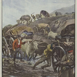 The picturesque convoys of primitive wagons pulled by oxen and led by militarized peasants... (colour litho)