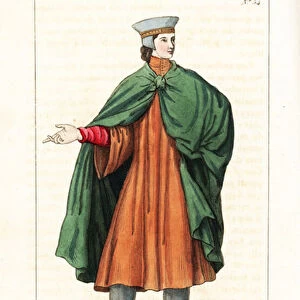 Pierre Rogiers (Pierre de Rougier or Peire Rogiers), troubadour and musician, 12th century. He wears a hat adorned with gold buttons, green cape tied at the breast, red tunic and lead-coloured stockings