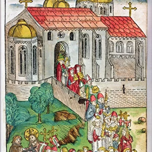 Pilgrim of Santiago de Compostela and procession, 1491 (colour woodcut)