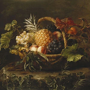 A Pineapple, Grapes, Peaches and Apricots in a Basket, (oil on canvas)