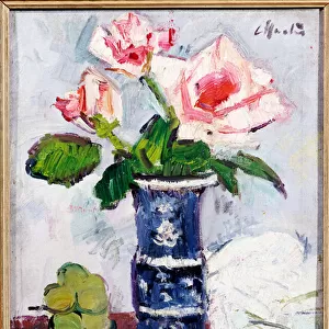 Pink Roses in a Chinese Blue and White Gu-shaped Vase (oil on canvas board)