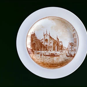 Plate with View of SS Giovanni e Paolo, Murano Miotti Glasswork, Venice, c