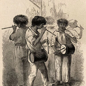 Players of musical instruments in Sarayacu (Peru), drawing by Riou