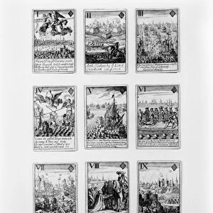Playing cards with characters and scenes from the early 18th century (litho)