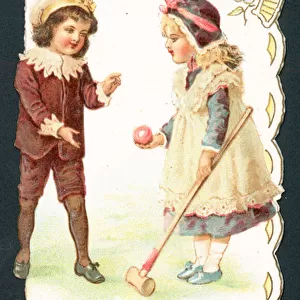 Playing Croquet, Christmas Card (chromolitho)