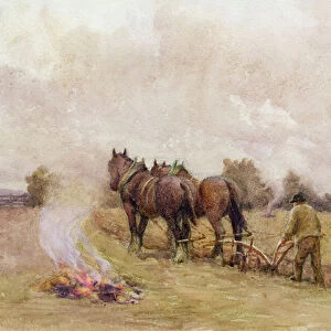 Ploughing Scene with Fires in a Field, 1910 (w / c on paper)
