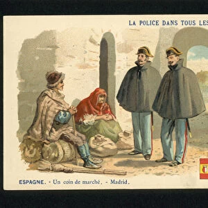Police officers on patrol in a corner of a market in Madrid, Spain (chromolitho)