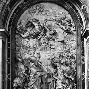 Pope Leo I (c. 390-461) repulsing Attila (c. 406-453) (marble) (b / w photo)
