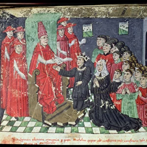 Pope Nicholas V (1444-55) accompanied by six cardinals, grants King Alfonso V (1396-1458) The Magnanimus and Queen Maria of Castile the pleniary indulgence which was conceded to the Brothers of Montserrat