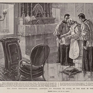 The Popes Ninetieth Birthday, assisting his Holiness to Kneel at the Mass in the Private Chapel (litho)