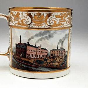 Porter Mug with an industrial scene depicting the Soho Foundry of Peel and Williams millwrights in Manchester, Derby, c. 1820 (porcelain)