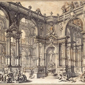 The Portico of an Italian Palace with a Fountain Decorated with a statue of Fortune