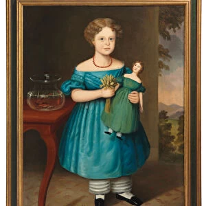 Portrait of Amy Philpot in a Blue Dress with Doll and Goldfish (oil on canvas)