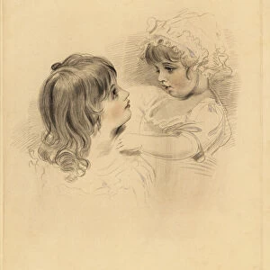 Portrait of two children. The elder holding a reluctant younger child in bonnet and dress. Hand-tinted engraving by Frederick Christian Lewis after an illustration by Sir Thomas Lawrence from P. G