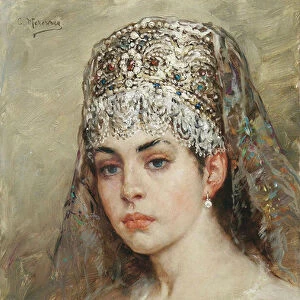 Portrait d une femme boyard (boiard, boiar) : elle est vetue d une robe sarafane et a un kokochnik sur la tete, une coiffure traditionnelle - Peinture de Konstantin Yegorovich Makovsky (Constantin Makovski) (1839-1915)