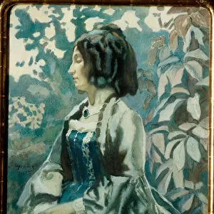 Portrait d une femme, les yeux fermes, pensive, vetue d une robe a crinoline - Oeuvre de Viktor (Victor) Elpidiforovich Borisov-Musatov (Borisov Musatov) (1870-1905)