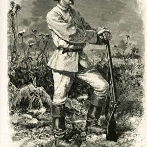 Portrait of Dr. Emile Holub, in an exploration suit, engraving by Tofani