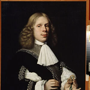 Portrait du maire de Haarlem. (Portrait of the mayor of Haarlem). L homme tient dans sa main une petite boussole. Peinture de Pieter Nason (1612-1688), 1664. Peinture hollandaise, style baroque. Huile sur toile