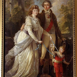 "Portrait de famille"Une famille de la noblesse suisse, l enfant est tenu par sa mere avec des rubans. Peinture d Angelika Kauffmann (Angelica Kauffmann)