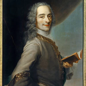 Portrait of Francois Marie Arouet dit Voltaire (1694-1778) holding a copy of "