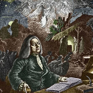 Portrait of George Frederick Handel (Georg Friedrich Handel, 1685-1759) German composer composing the Messiah (George Frideric Handel (1685-1759) composing his Messiah') Engraving Private Collection