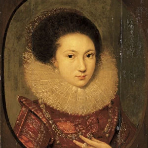 Portrait of a girl, bust-length, in a scarlet embroidered dress and lace collar