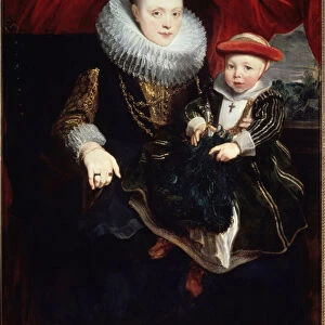 "Portrait de jeune femme avec son enfant"(Portrait of a Young Woman with a Child) (elle porte une fraise) Peinture de Sir Anthonis (Anton ou Antoon) van Dyck (1599-1641) 1618 Dim