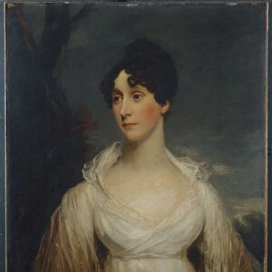 Portrait of a lady seated, half length, wearing a white dress (oil on canvas)