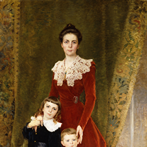 Portrait of a Lady, standing full length, with her Children, (oil on canvas)