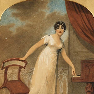 Portrait of a Lady, standing full length in a White Dress by a Piano