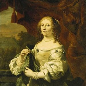 Portrait of a Lady, Standing Three-Quarter Length, Wearing a White Satin Dress Draped