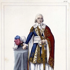 Portrait of Paul de Barras (1755-1829), French politician. 1796 - in "Collection of costumes, weapons and furniture to serve the history of the French Revolution and the Empire"by Horace Viel-Castel, ed. Canson, 19th century