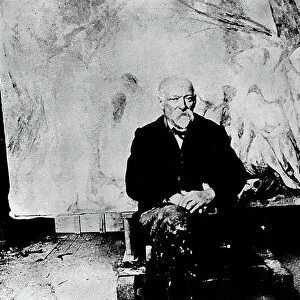 Portrait of Paul Cezanne (1839-1906) in front of his painting The Large Bathers, 1904 (b/w photo)