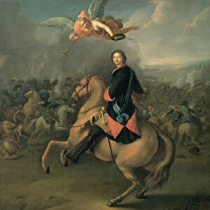 Portrait of Peter the Great against a background of the Battle of Poltava