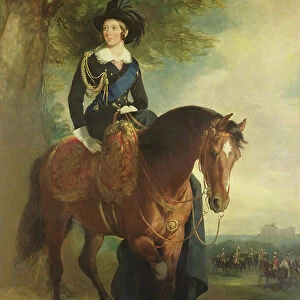 Portrait of Queen Victoria on Horseback, with Windsor Castle, the Duke of Wellington and the Household Brigade in the Background, 1840 (oil on canvas)