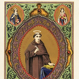 Portrait of Saint Thomas Aquinas, with halo, quill pen and Bible, in a decorative border of foliage and gilt