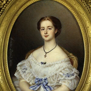 Portrait of woman with blue ribbon Painting by Maxime David (19th century) 1858 Paris