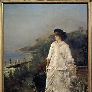 Portrait of a Woman on a Terrace by the Sea Painting by Alfred Stevens (1823-1906